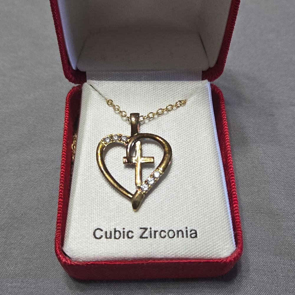 Gold Tone Cubic Zirconia Heart & Cross Pendant Necklace
